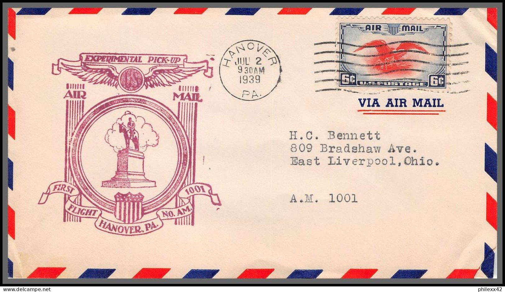 12144 Am 1001 Experimental Pick Up Route Hanover 2/7/1939 Premier Vol First Flight Lettre Airmail Cover Usa Aviation - 1c. 1918-1940 Briefe U. Dokumente
