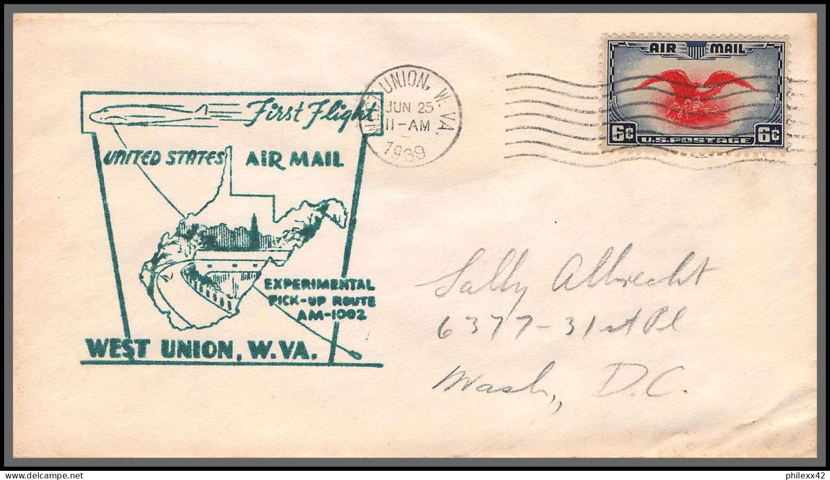 12138 Am 1002 Experimental Pick Up Route West Union 25/6/1939 Premier Vol First Flight Lettre Airmail Cover Usa Aviation - 1c. 1918-1940 Storia Postale