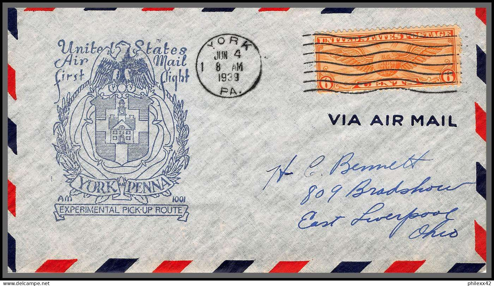 12140 Am 1001 Experimental Pick Up Route York Penna 4/6/1939 Premier Vol First Flight Lettre Airmail Cover Usa Aviation - 1c. 1918-1940 Cartas & Documentos