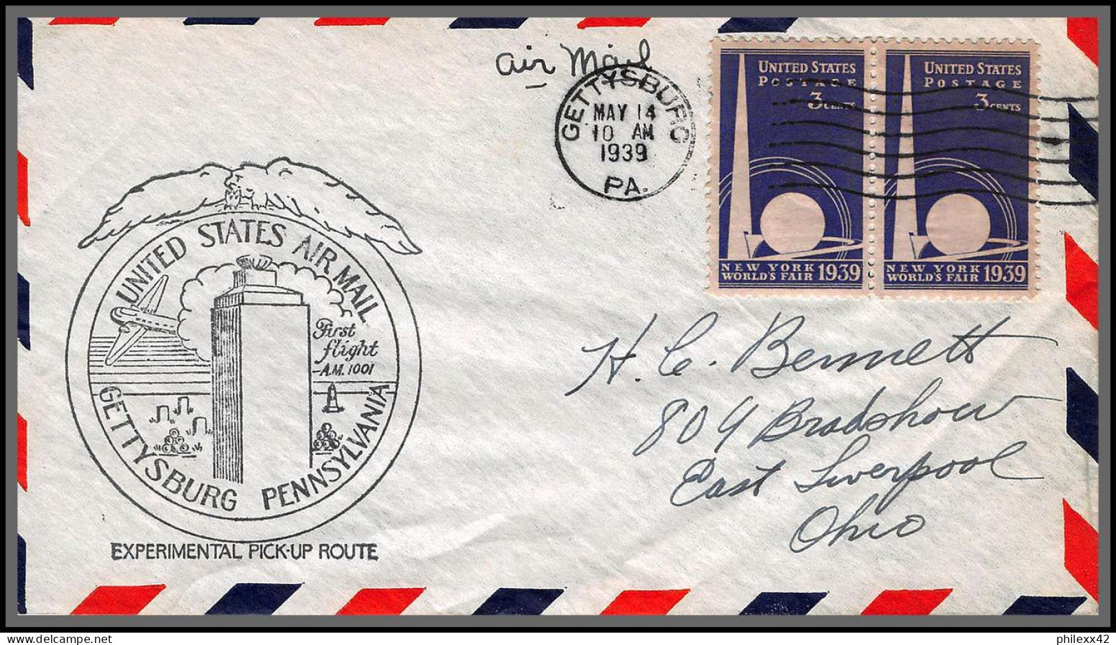 12134 Am 1001 Experimental Pick Up Route Gettysburg 14/5/1939 Premier Vol First Flight Lettre Airmail Cover Usa Aviation - 1c. 1918-1940 Storia Postale