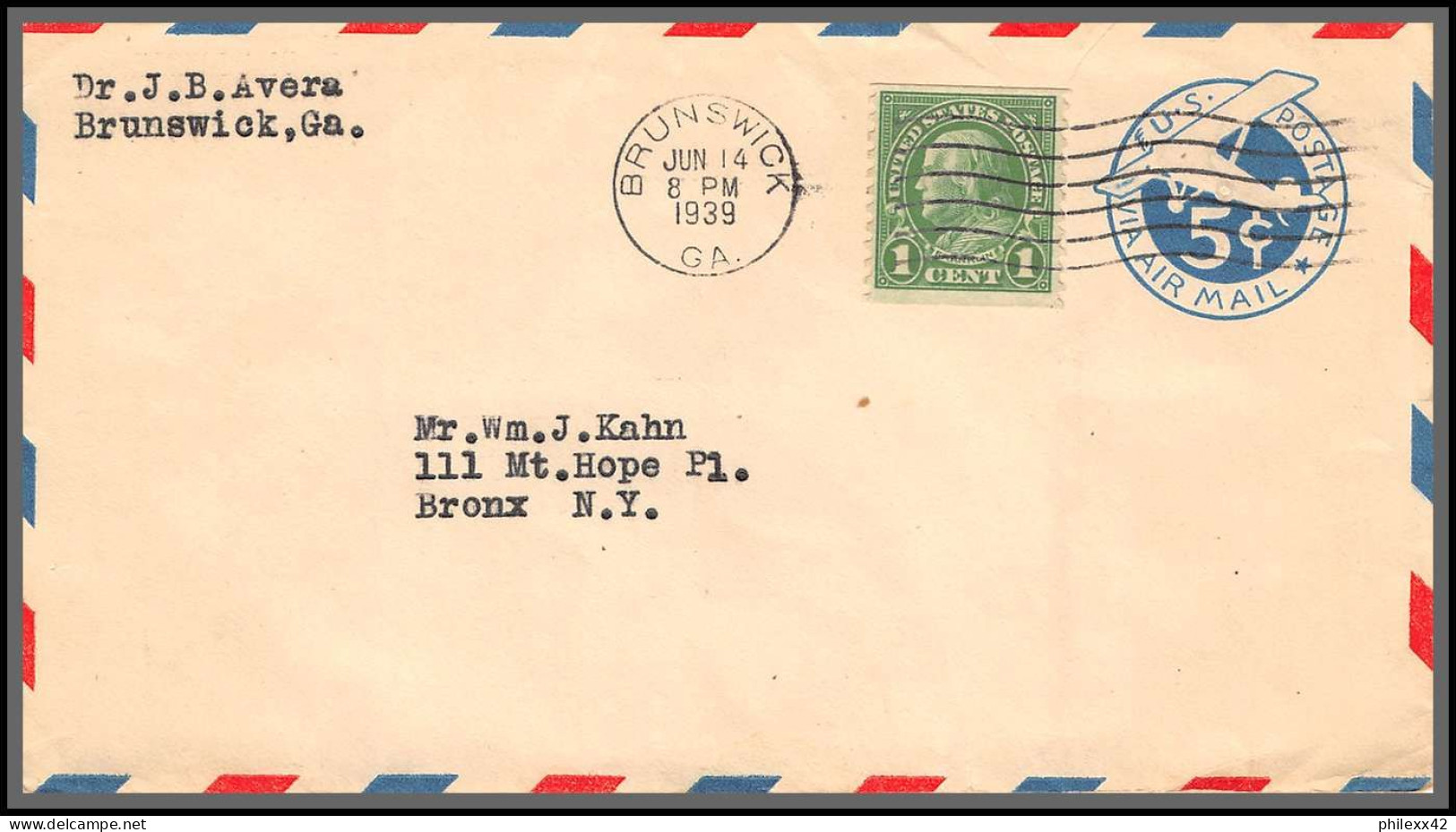 12135 Brunswick 14/6/1939 Premier Vol First Flight Airmail Entier Stationery Usa Aviation - 1c. 1918-1940 Covers