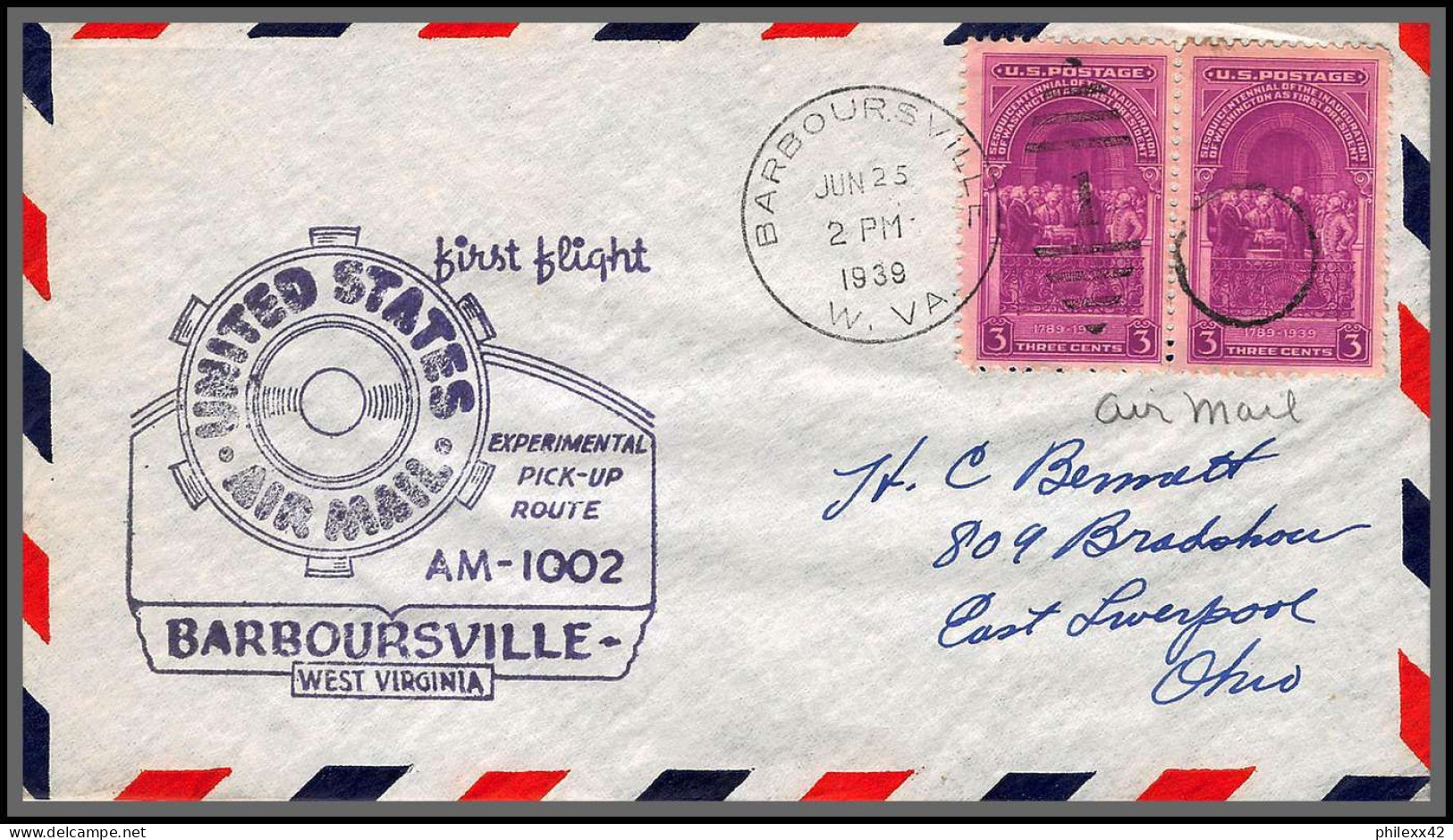12137 Am 1002 Experimental Pick Up Route Barboursville 25/6/1939 Premier Vol First Flight Lettre Airmail Cover Usa  - 2c. 1941-1960 Covers
