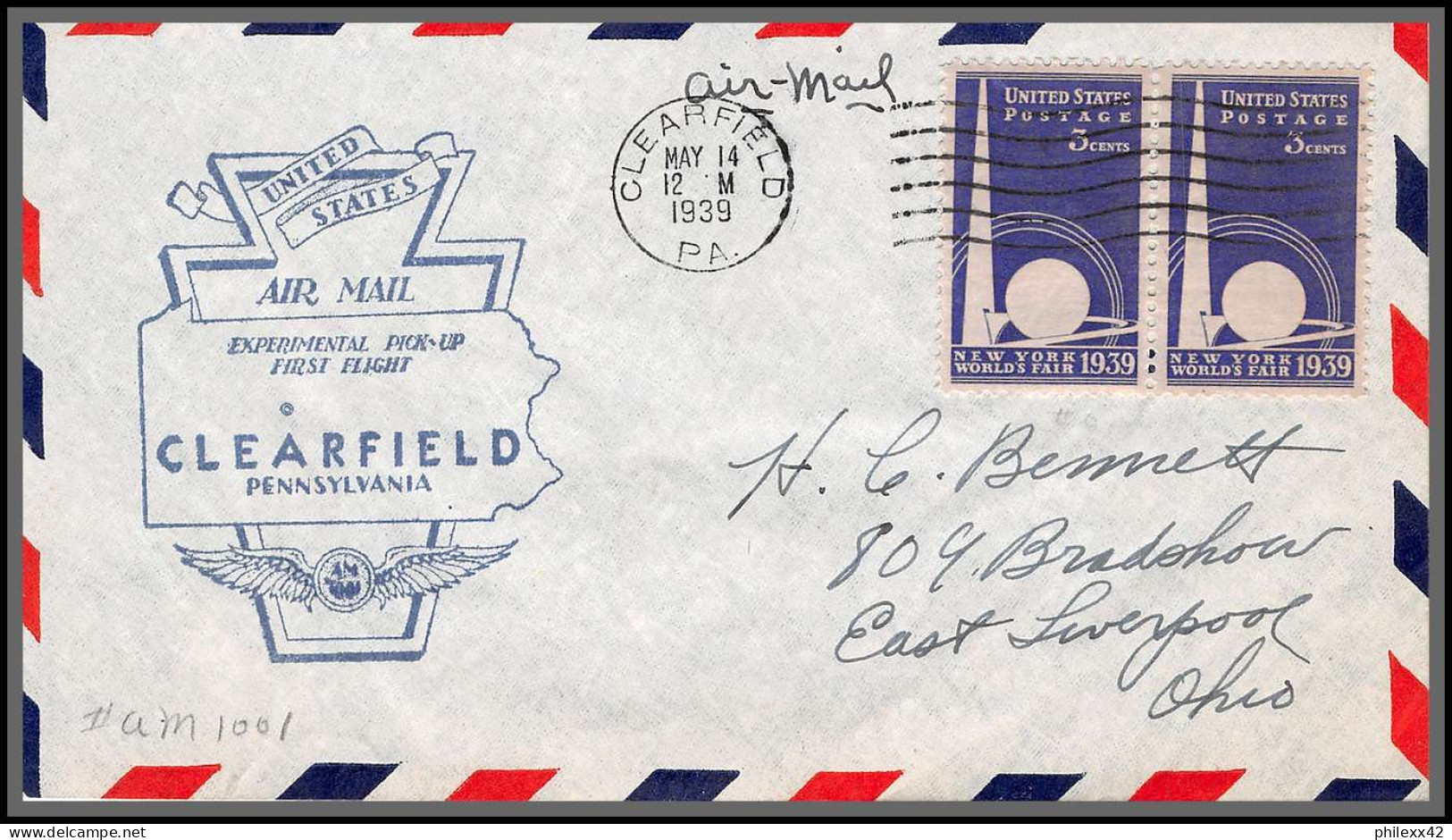 12133 Experimental Pick Up Route Clearfield 14/5/1939 Premier Vol First Flight Lettre Airmail Cover Usa Aviation - 1c. 1918-1940 Briefe U. Dokumente