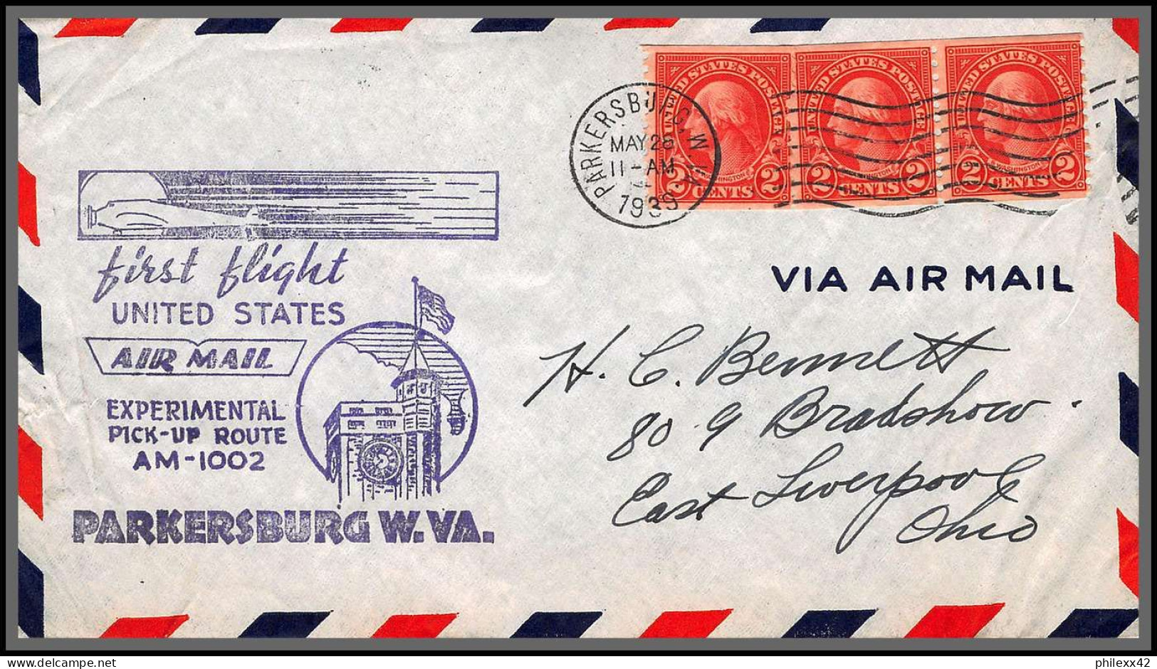 12136 Am 1002 Experimental Pick Up Route Parkersburg 28/5/1939 Premier Vol First Flight Lettre Airmail Cover Usa  - 2c. 1941-1960 Storia Postale