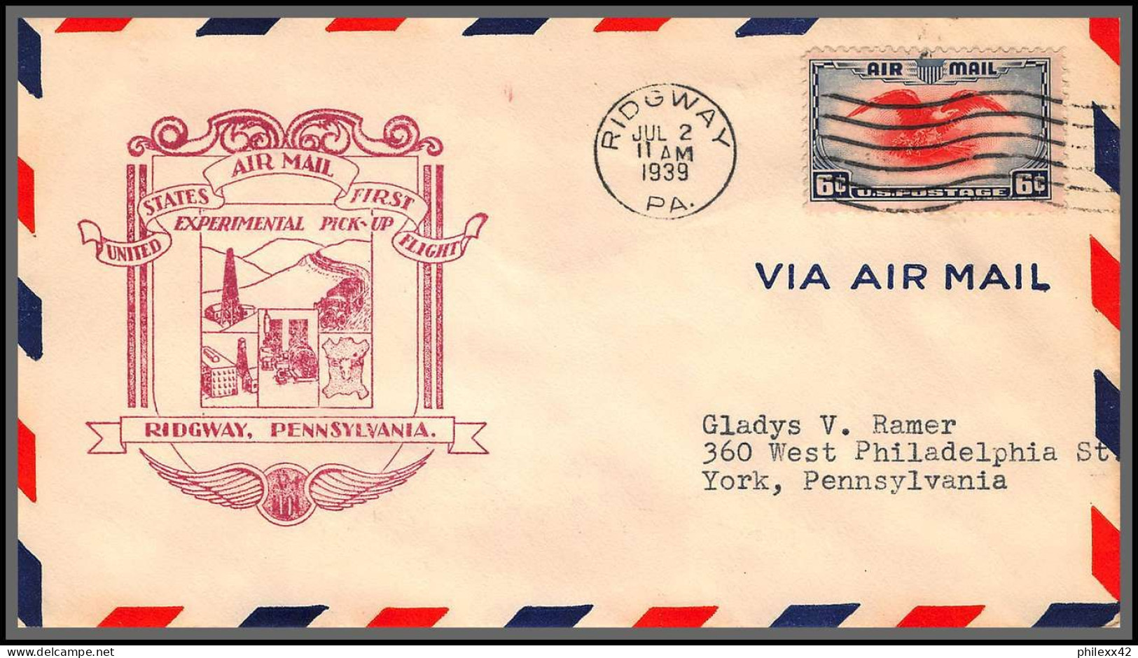 12127 Experimental Pick Up Route Ridgway 2/7/1939 Premier Vol First Flight Lettre Airmail Cover Usa Aviation - 1c. 1918-1940 Lettres