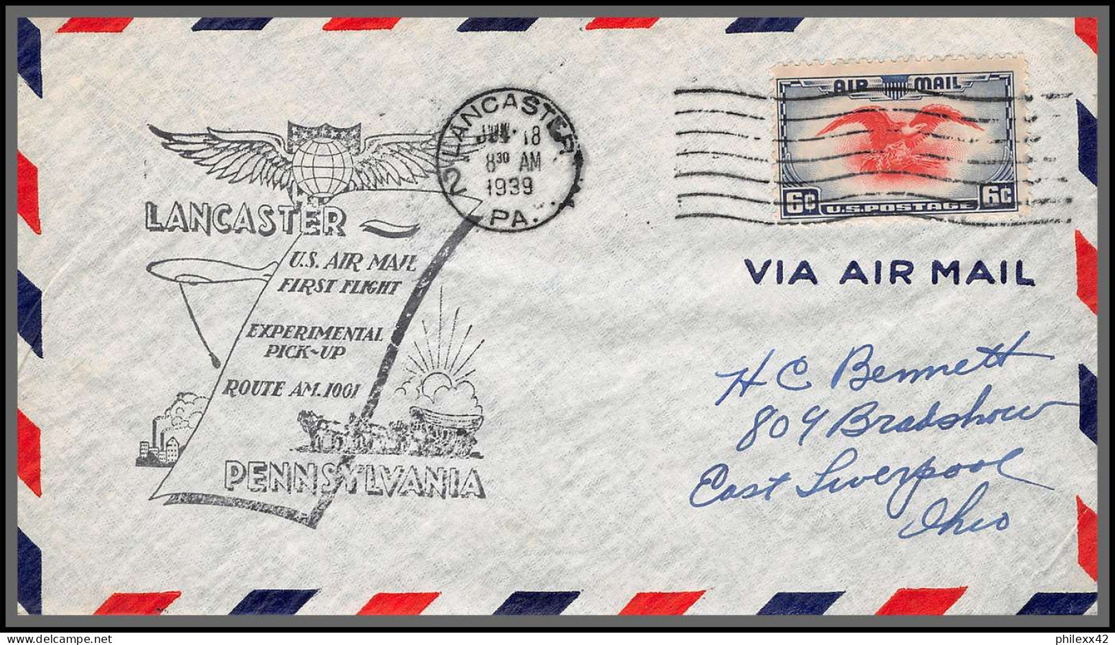 12128 Am 1001 Experimental Pick Up Route Lancaster 18/7/1939 Premier Vol First Flight Lettre Airmail Cover Usa Aviation - 1c. 1918-1940 Covers