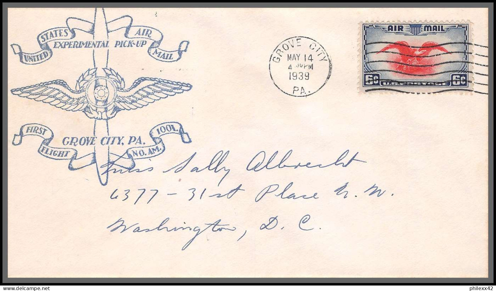 12131 Am 1001 Experimental Pick Up Route Grove City 14/5/1939 Premier Vol First Flight Lettre Airmail Cover Usa Aviation - 1c. 1918-1940 Covers