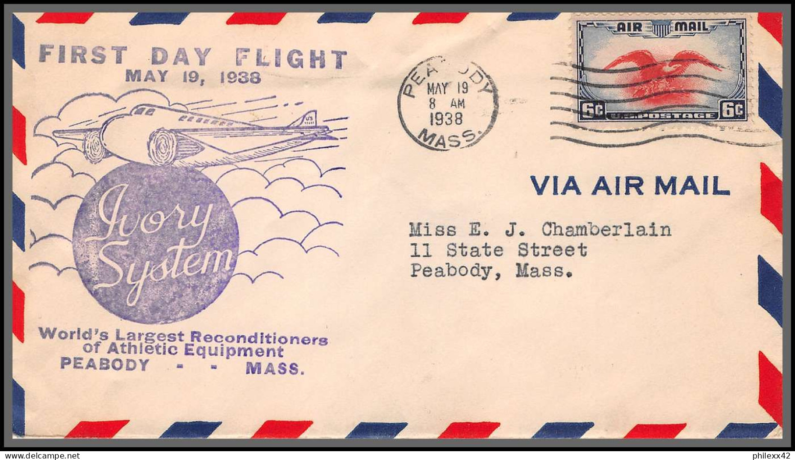 12115 Peabody 19/5/1938 Premier Vol First Flight Lettre Airmail Cover Usa Aviation - 1c. 1918-1940 Briefe U. Dokumente