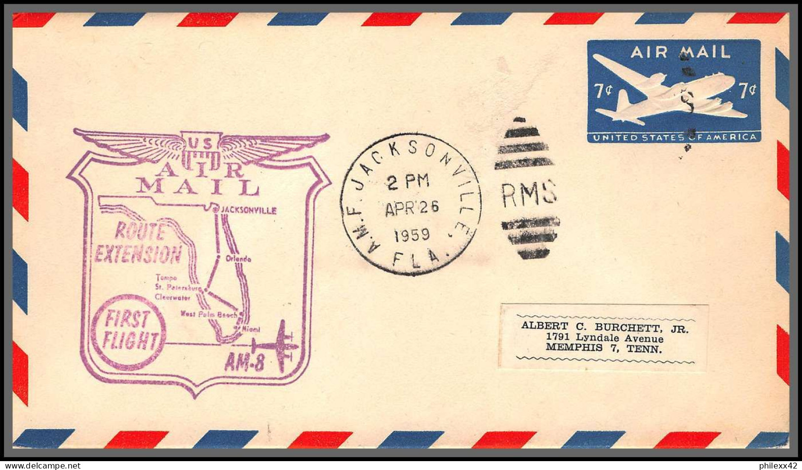 12129 Route Extension Am 8 Jacksonville 26/4/1939 Premier Vol First Flight Airmail Entier Stationery Usa Aviation - 1c. 1918-1940 Lettres