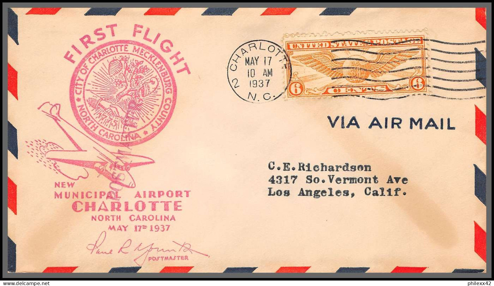 12106 Charlotte 17/5//1937 Premier Vol First Flight Lettre Airmail Cover Usa Aviation - 1c. 1918-1940 Covers