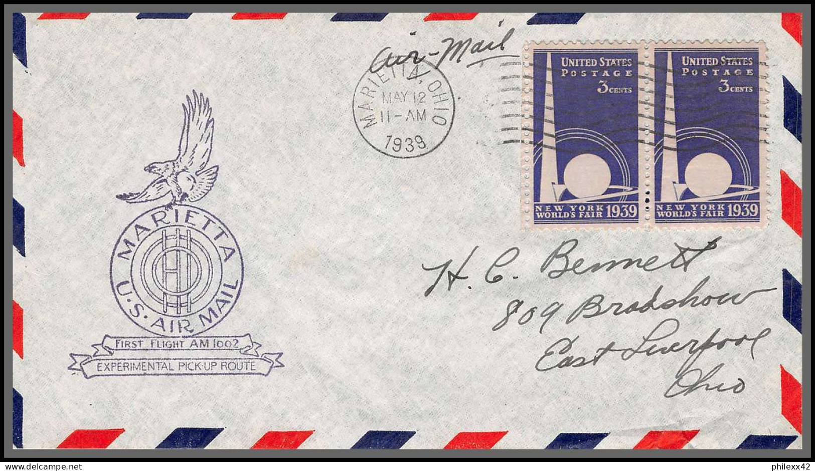 12118 Am 1002 Experimental Pick Up Route Marietta 12/5/1939 Premier Vol First Flight Lettre Airmail Cover Usa Aviation - 1c. 1918-1940 Lettres