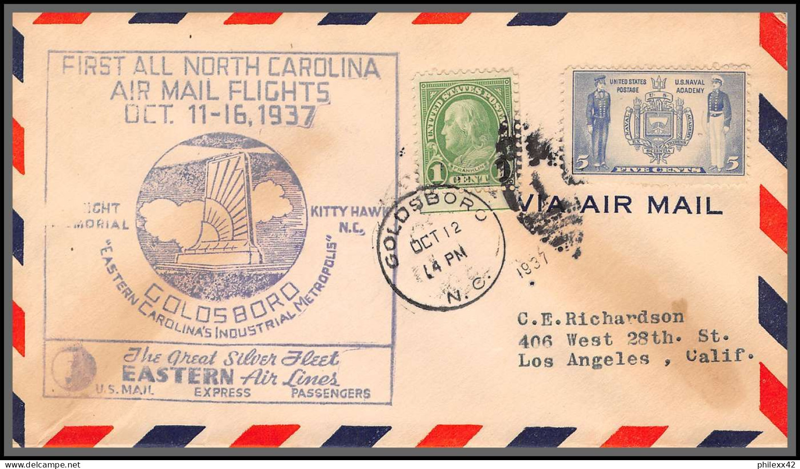 12110 Colosboro 12/10/1937 Premier Vol First All North Carolina Air Mail Flights Lettre Airmail Cover Usa Aviation - 1c. 1918-1940 Storia Postale