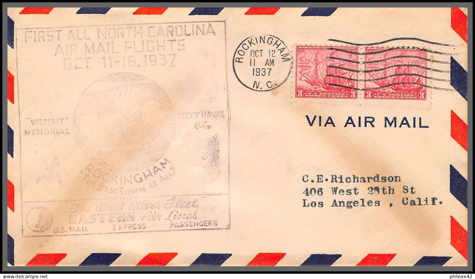 12105 Rockingham 12/10/1937 Premier Vol First All North Carolina Air Mail Flights Lettre Cover Usa Aviation - 1c. 1918-1940 Cartas & Documentos