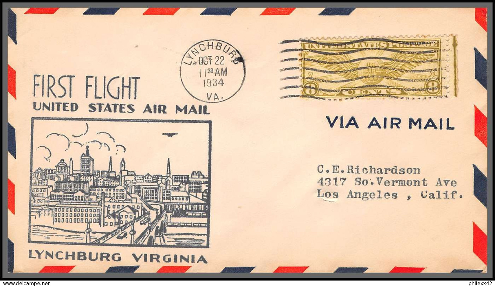 12088 Lynchburg Virginia 22/10/1934 Premier Vol First Flight Lettre Airmail Cover Usa Aviation - 1c. 1918-1940 Cartas & Documentos