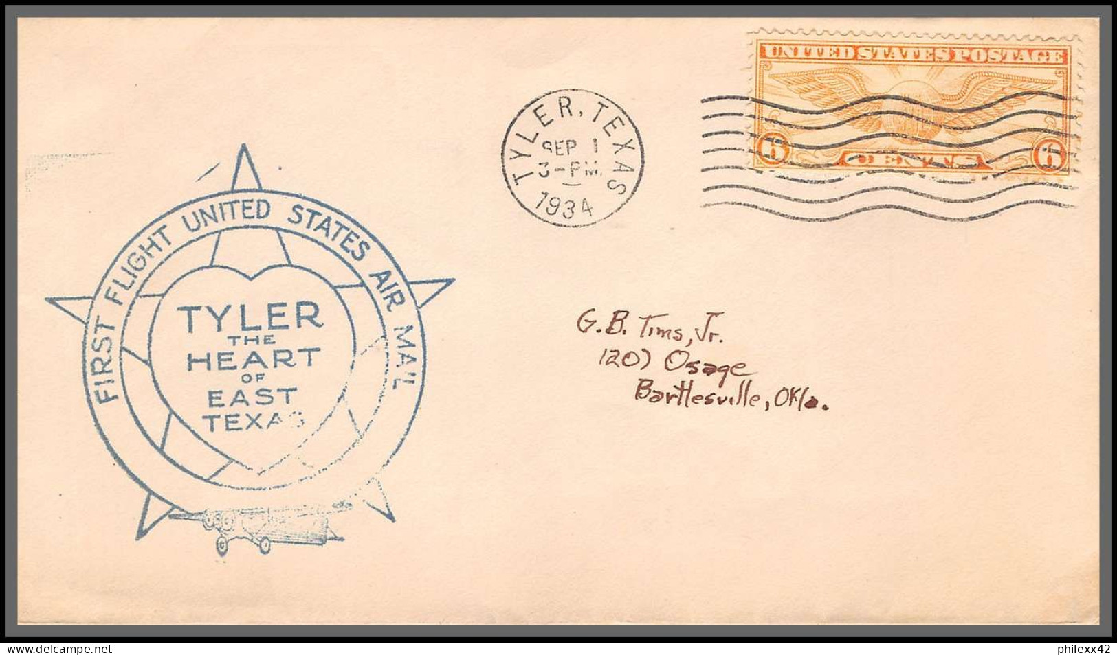12094 Tyler The Heart Of Texas 1/9/1934 Premier Vol First Flight United States Lettre Airmail Cover Usa Aviation - 1c. 1918-1940 Lettres