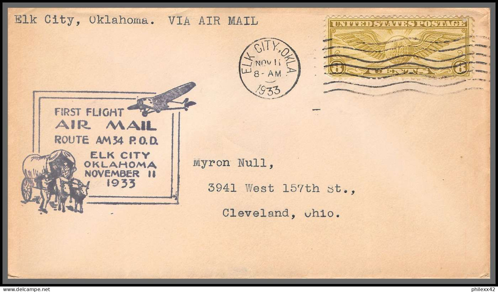 12084 Elk City Oklahoma 11/11/1933 Premier Vol First Flight Route Am 34 Lettre Airmail Cover Usa Aviation - 1c. 1918-1940 Cartas & Documentos