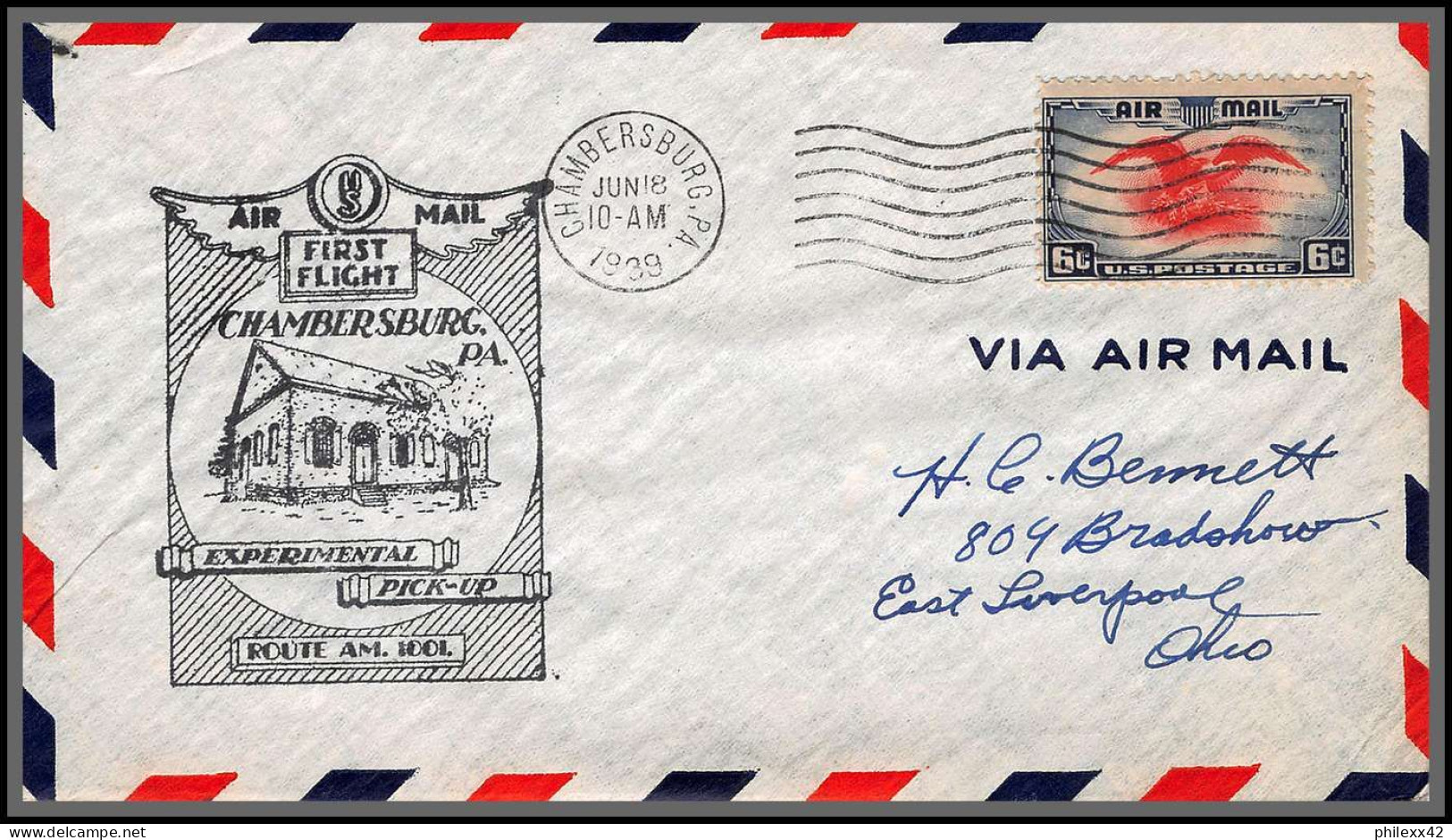 12132 Am 1001 Experimental Pick Up Route Chambersburg 18/6/1939 Premier Vol First Flight Lettre Airmail Cover Usa  - 2c. 1941-1960 Covers