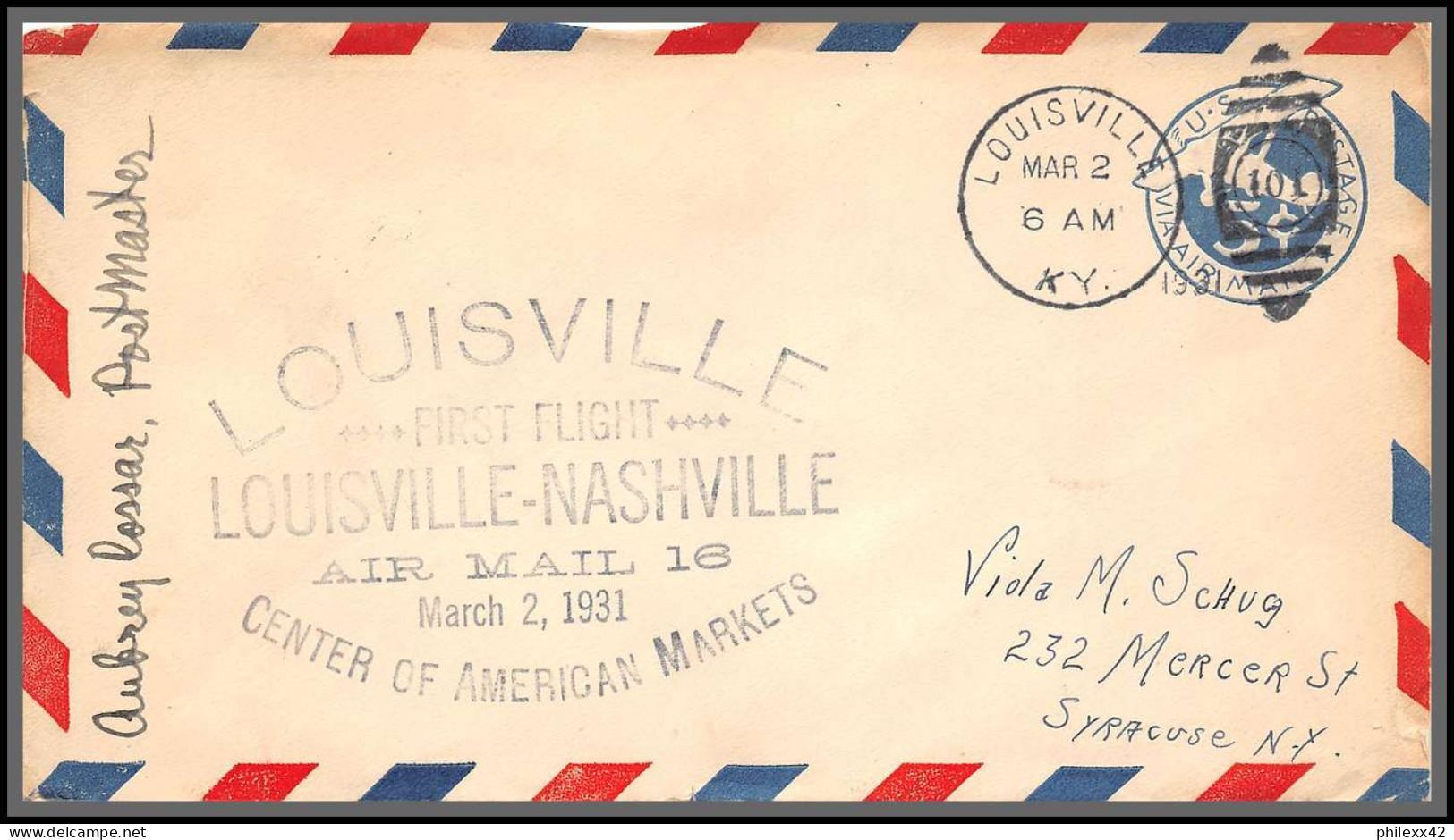 12066 Signé Signed 2/3/1931 Premier Vol Louisville Nashville First Flight Airmail Entier Stationery Usa Aviation - 1c. 1918-1940 Covers