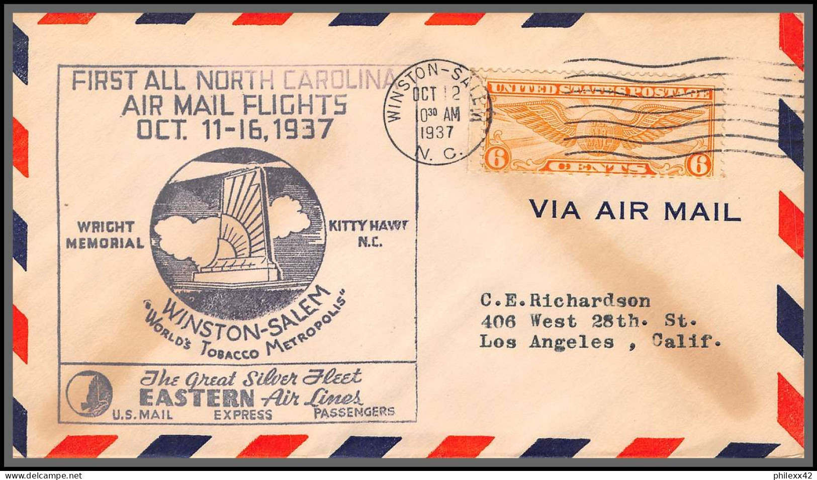 12111 Monroe Winston Salem Fort Bragg Burlington 12/10/1937 Premier Vol First All North Carolina Air Mail Flights Lot 6  - 2c. 1941-1960 Storia Postale