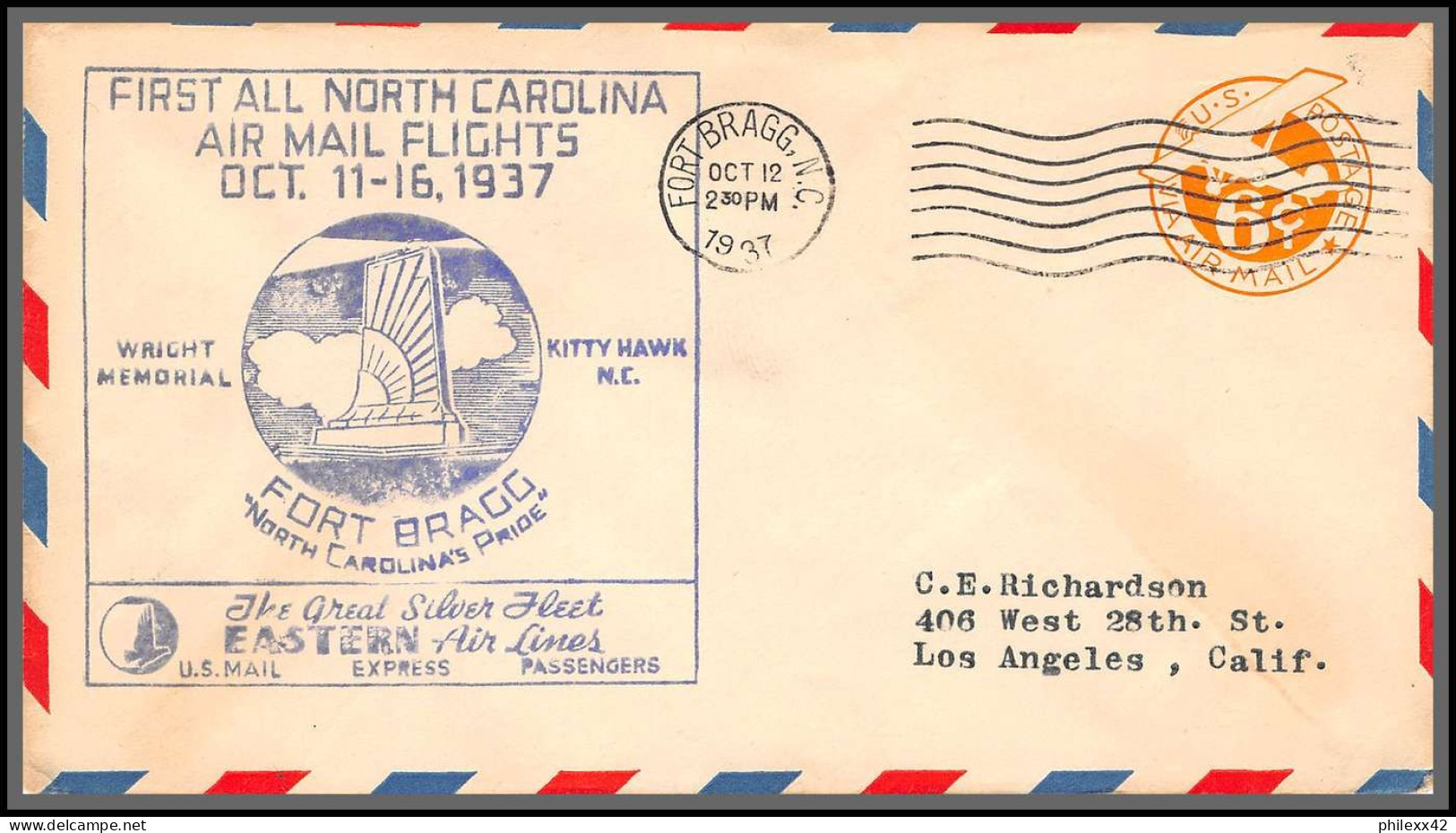 12111 Monroe Winston Salem Fort Bragg Burlington 12/10/1937 Premier Vol First All North Carolina Air Mail Flights Lot 6  - 2c. 1941-1960 Lettres