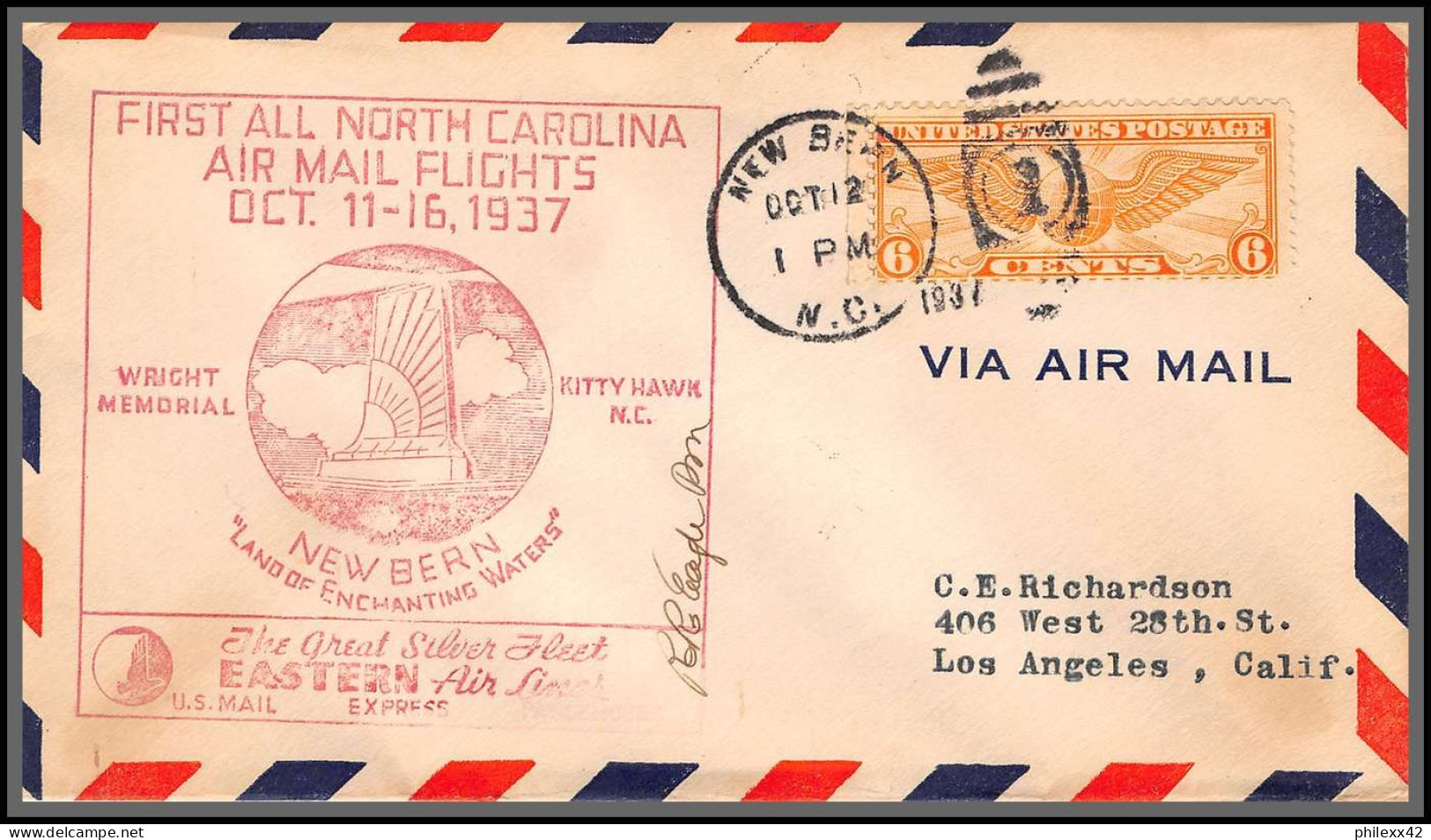 12111 monroe winston salem fort bragg burlington 12/10/1937 premier vol first all north carolina air mail flights lot 6 
