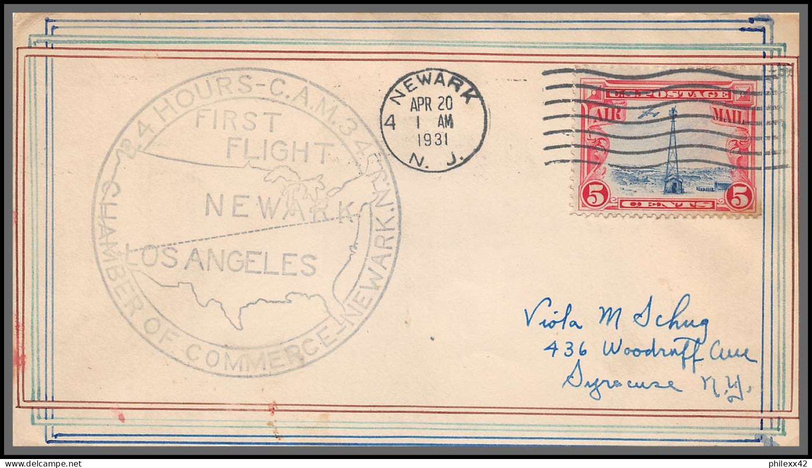 12070 20/4/1931 Premier Vol First Flight Cam 34 Newark Los Angeles Lettre Airmail Cover Usa Aviation - 1c. 1918-1940 Cartas & Documentos