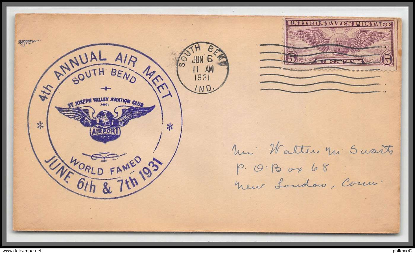 12065 Cachet Violet 4th Annual Air Meet South Bend 6/6/1931 Premier Vol First Flight Lettre Airmail Cover Usa Aviation - 1c. 1918-1940 Covers