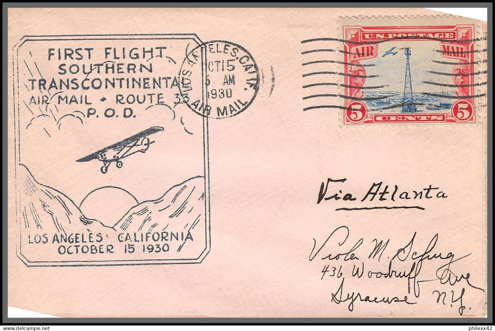 12031 Los Angeles 15/10/1930 Premier Vol First Flight Route 33 Southern Transcontinental Lettre Airmail Cover Usa  - 2c. 1941-1960 Cartas & Documentos