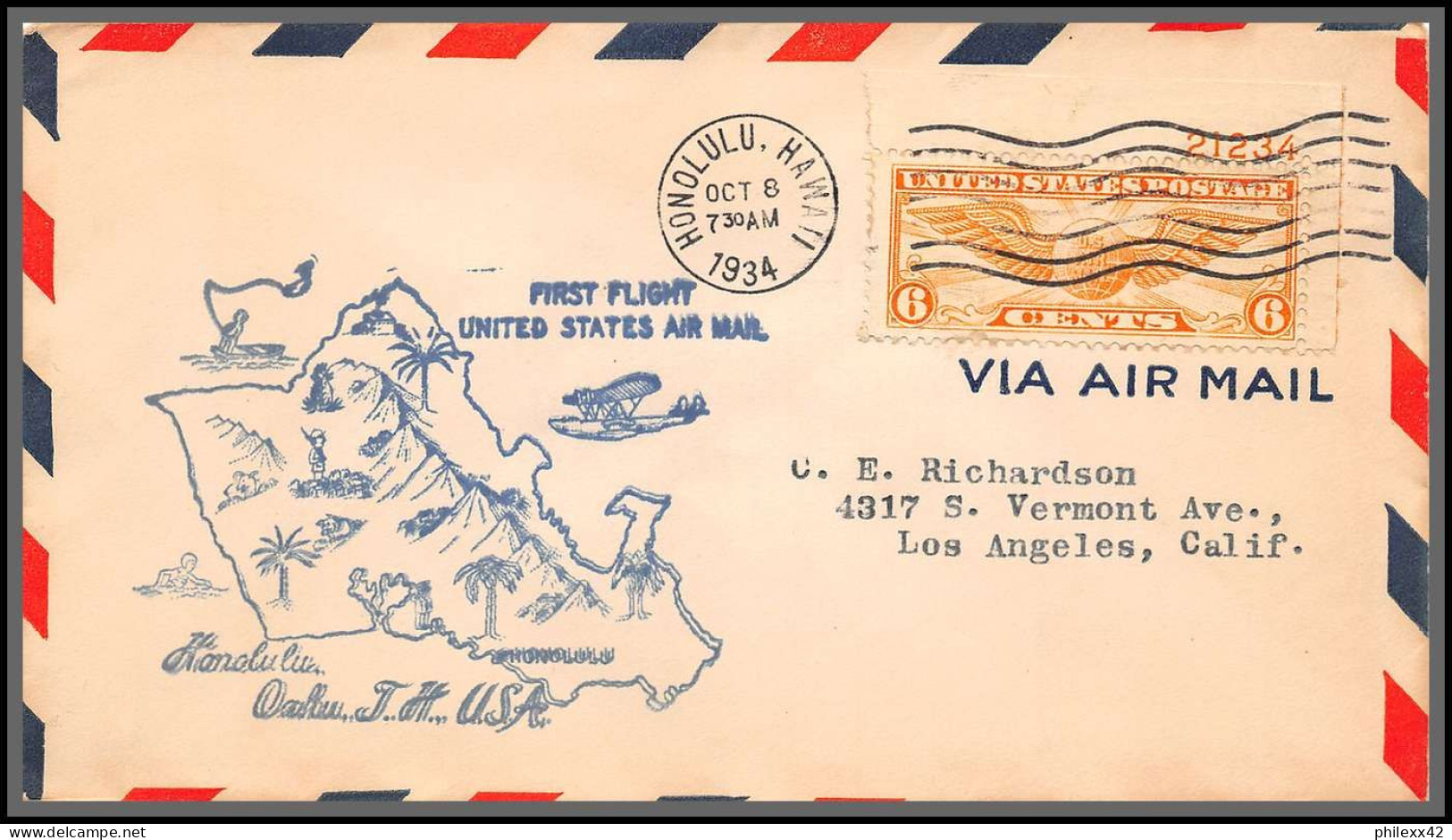 12092 Wailuku / Honolulu Hilo Hawai 8/10/1934 Premier Vol First Flight Lot 3 Lettre Airmail Cover Usa Aviation - 2c. 1941-1960 Lettres