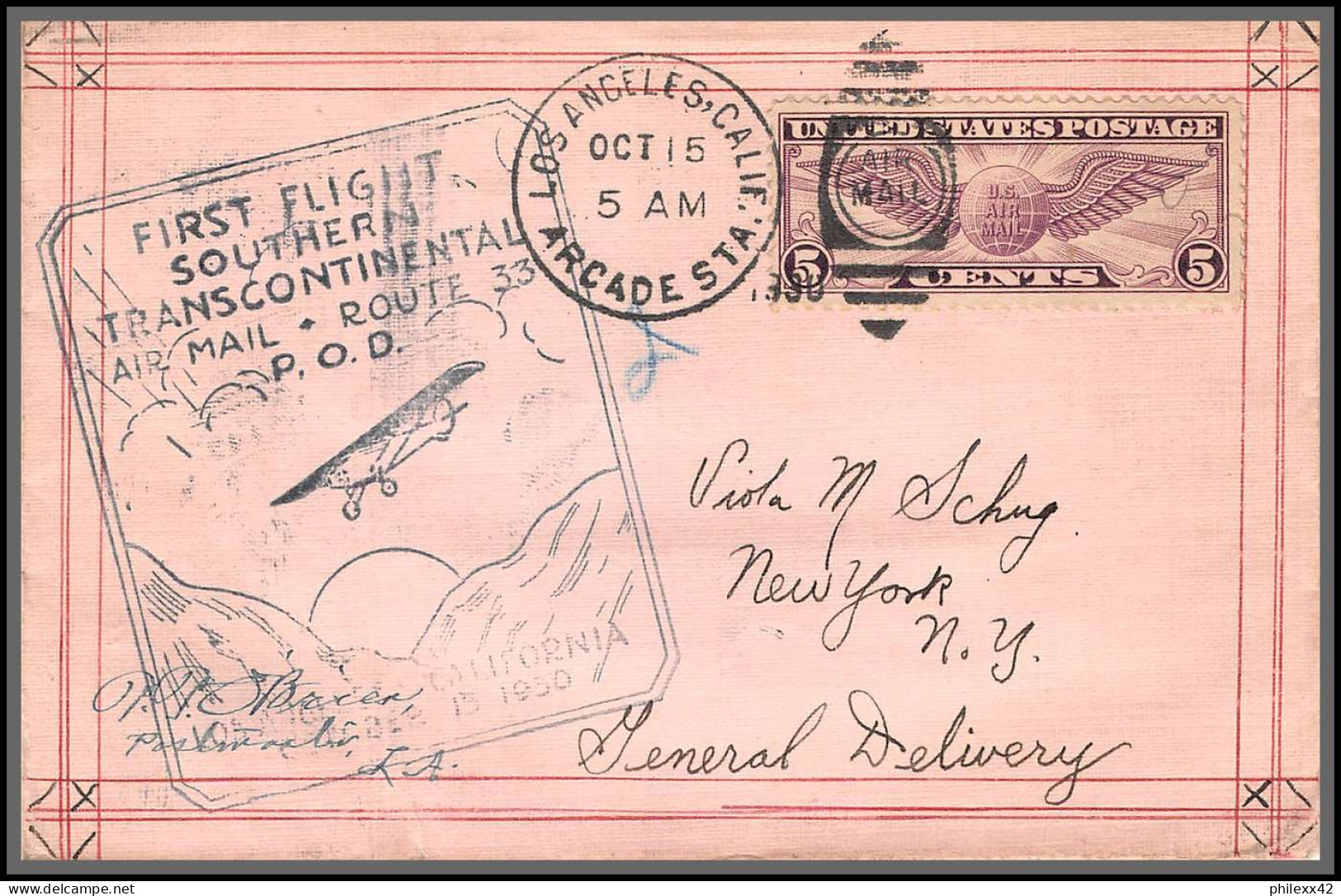 12030 Los Angeles 15/10/1930 Premier Vol First Flight Route 33 Southern Transcontinental Lettre Airmail Cover Usa  - 2c. 1941-1960 Storia Postale