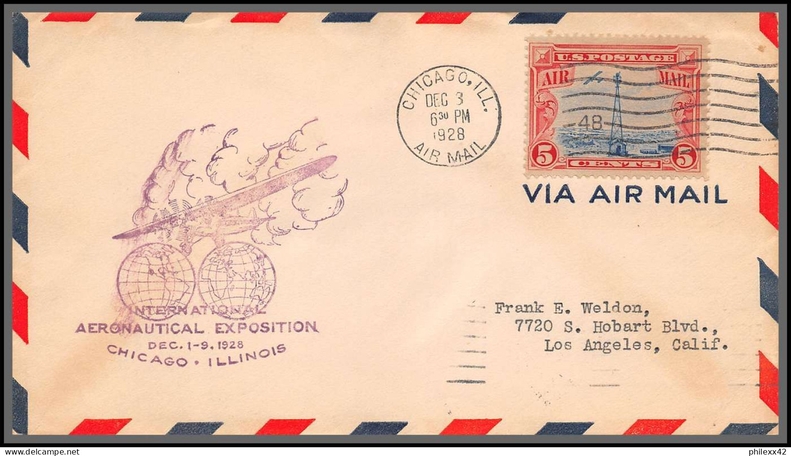 12001 Aeronautical Exposition Chicago Cachet Violet 5/12/1928 Premier Vol First Flight Lettre Airmail Cover Usa Aviation - 1c. 1918-1940 Covers