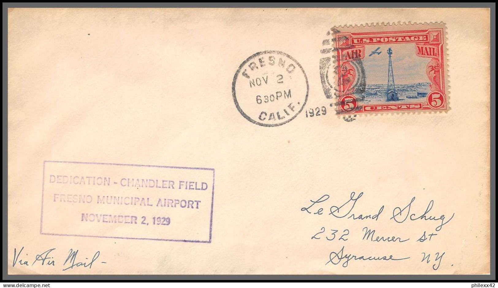 12005 Fresno Airport Dedication Chandler Field 2/11/1929 Premier Vol First Flight Lettre Airmail Cover Usa Aviation - 1c. 1918-1940 Lettres