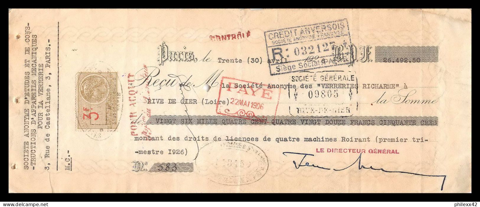 12994 Paris Verreries Richarme Rive De Gier Loire 1926 Timbre Fiscal Fiscaux Sur Document France - Storia Postale