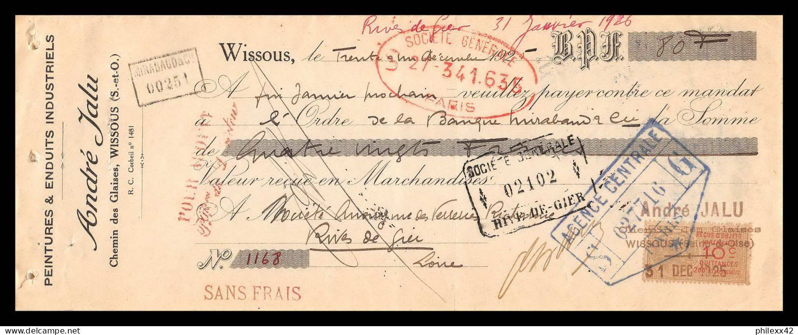 12978 Jalu Wissous Verreries Richarme Rive De Gier Loire 1925 Timbre Fiscal Fiscaux Sur Document France - Storia Postale