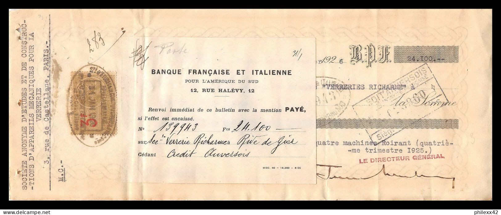 12999 Banque Francaise Et Italienne Verreries Richarme Rive De Gier Loire 1926 Timbre Fiscal Fiscaux Sur Document France - Brieven En Documenten