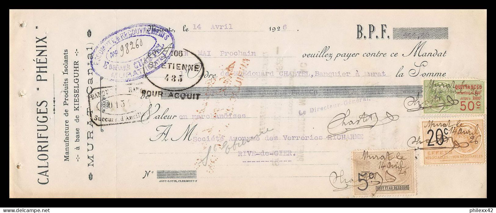 12979 Calorifuges Phénix Murat Cantal Verreries Richarme Rive De Gier Loire 1926 Timbre Fiscal Fiscaux France - Covers & Documents