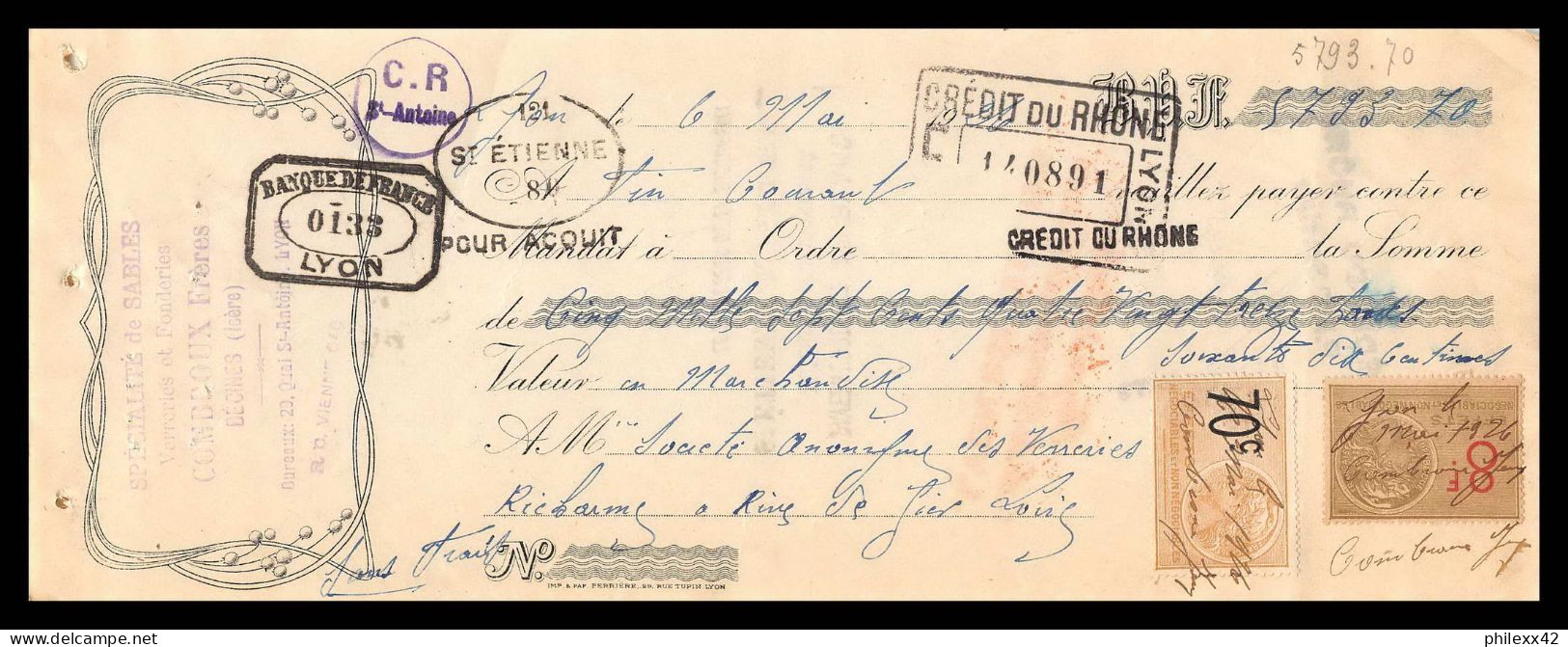 12987 Combroux Decines Isère Verreries Richarme Rive De Gier Loire 1926 Timbre Fiscal Fiscaux Sur Document France - Storia Postale