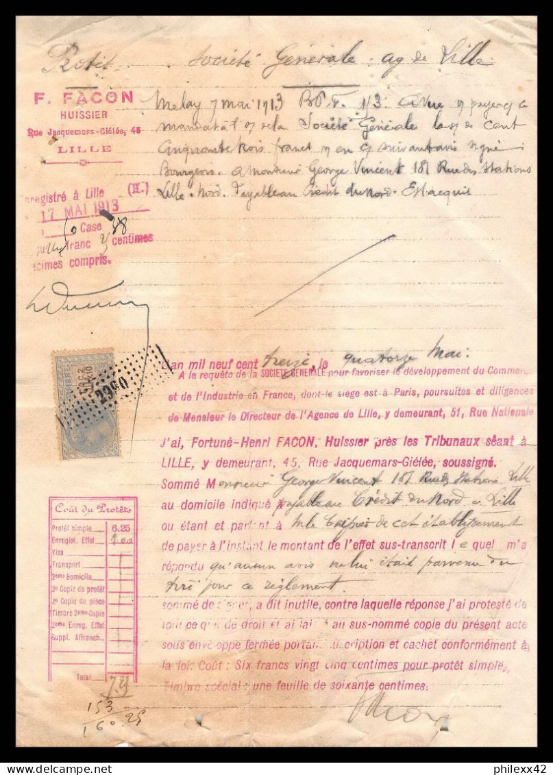 12984 Lille 1913 Société Générale Timbre Fiscal Fiscaux Sur Document France - Brieven En Documenten