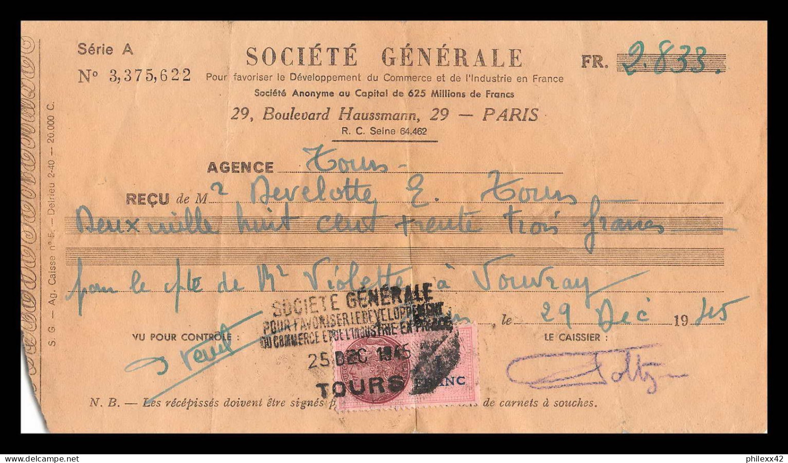 12968 Société Génrale Paris Vouvray Violette 1945 Timbre Fiscal Fiscaux Sur Document France - Storia Postale