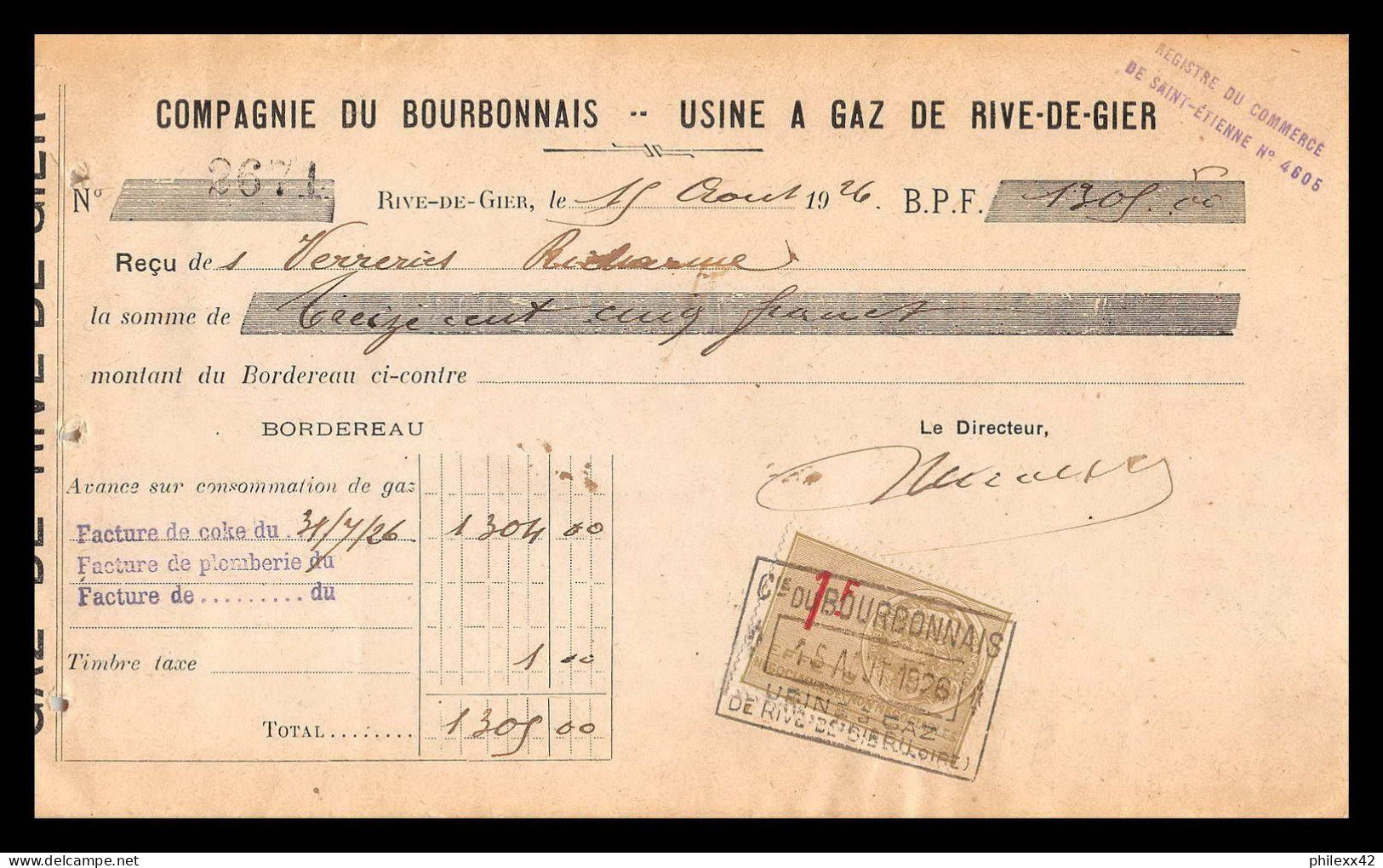 12980 Bourbonnais Usine à Gaz Verreries Richarme Rive De Gier Loire 1926 Timbre Fiscal Fiscaux Sur Document France - Storia Postale