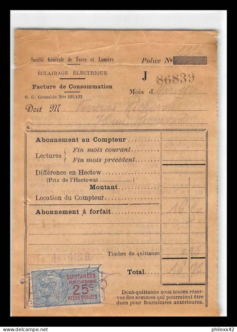12959b Société Générale De Force Et Lumière Electricité Verreries Richarme Rive De Gier Loire 1926 Timbre Fiscal Fiscaux - Lettres & Documents