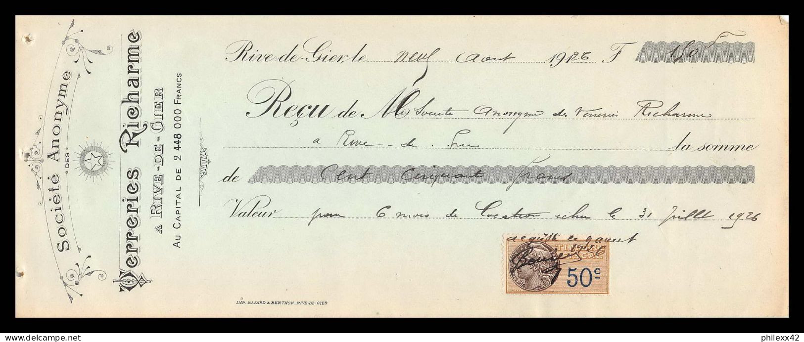 12955 50c 1926 Verreries Richarme Rive De Gier Loire 1926 Timbre Fiscal Fiscaux Sur Document France - Storia Postale