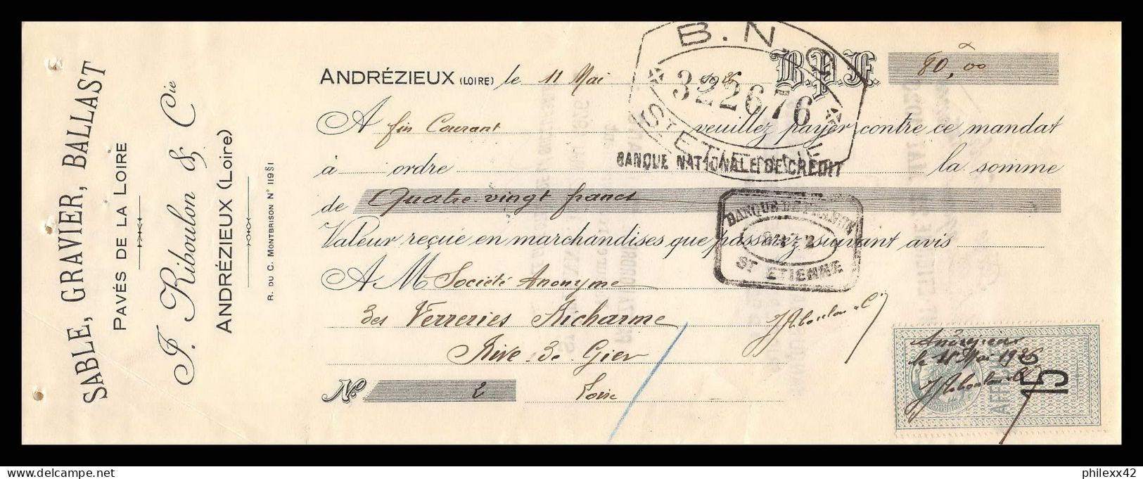 12947 Ballast Andrezieux 1926 Verreries Richarme Rive De Gier Loire 15c Affiches Timbre Fiscal Fiscaux Sur Document  - Storia Postale