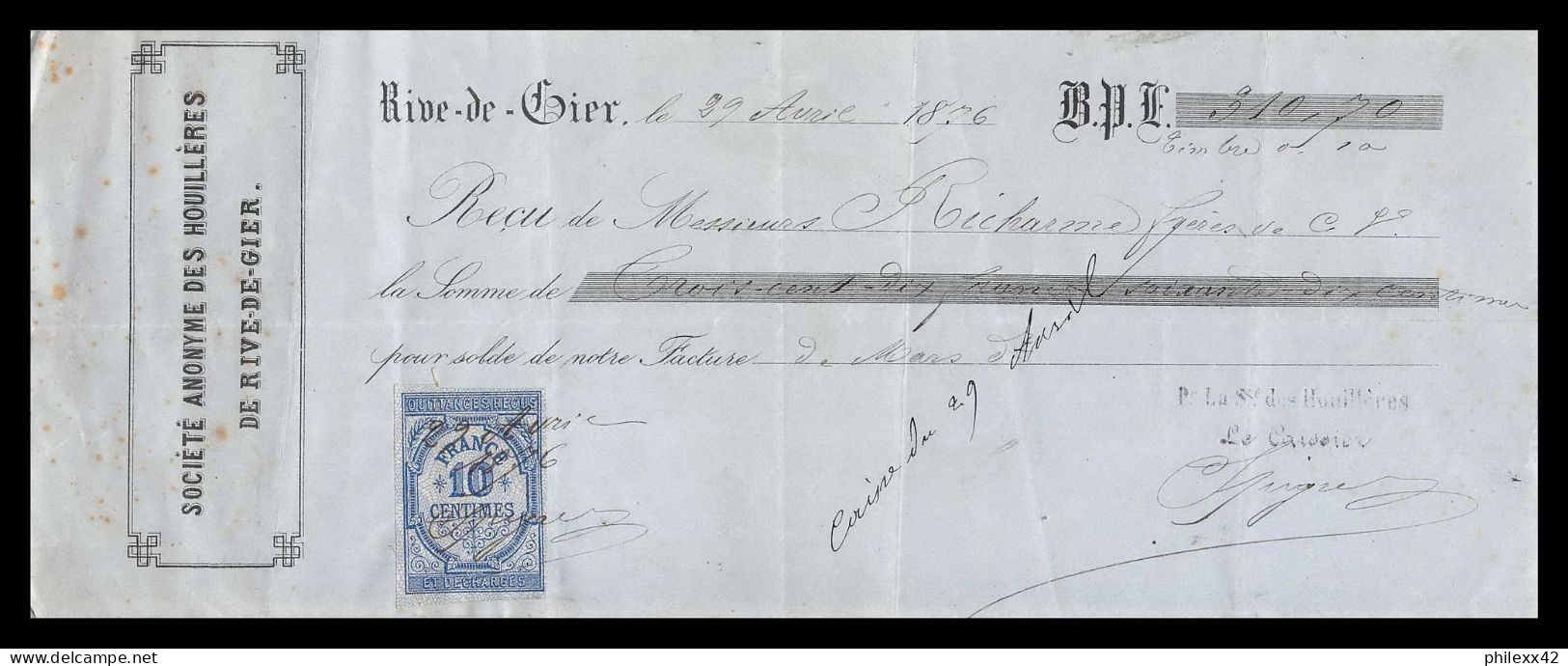 12940 10c Quittance Rive De Gier Loire Houillères 1876 Timbre Fiscal Fiscaux Sur Document France - Storia Postale