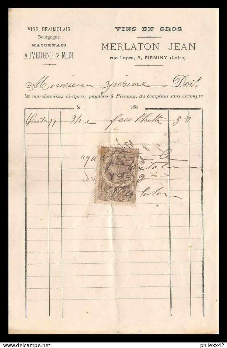 12937 10c Quittance 1889 Vins Wine Merlaton Firminy Loire Timbre Fiscal Fiscaux Sur Document France - Storia Postale