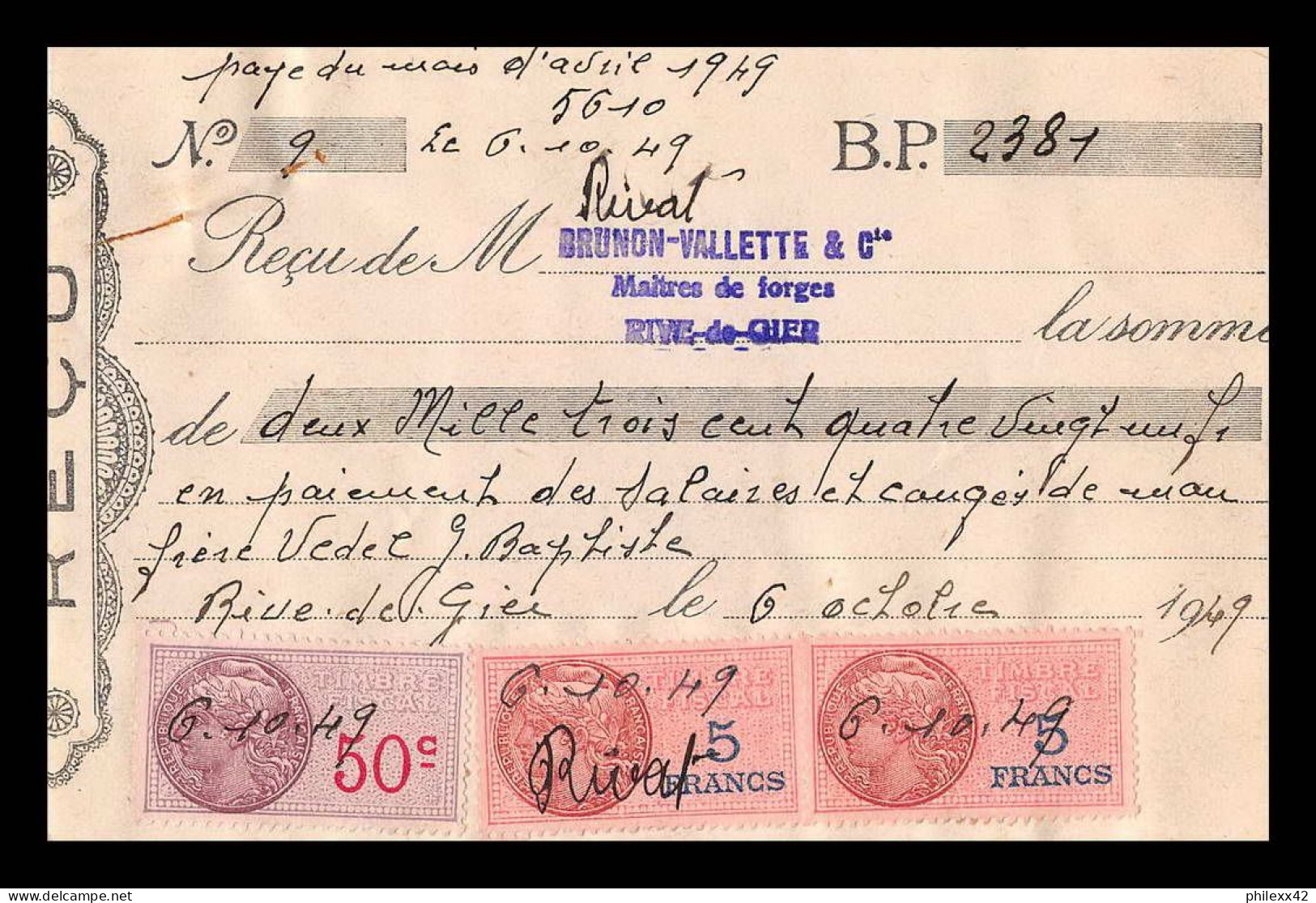 12961 Lettre Taxée Brunon Valette Maitre Forge Rive De Gier Loire 1949 Timbre Fiscal Fiscaux Sur Document France - Lettres & Documents