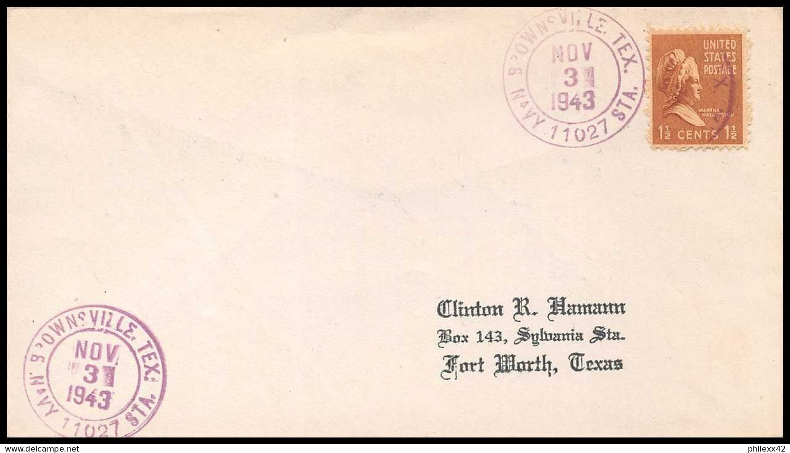 12870 Navy 11027 Brownsville Texas 1943 Usa états Unis Lettre Naval Cover  - Brieven En Documenten