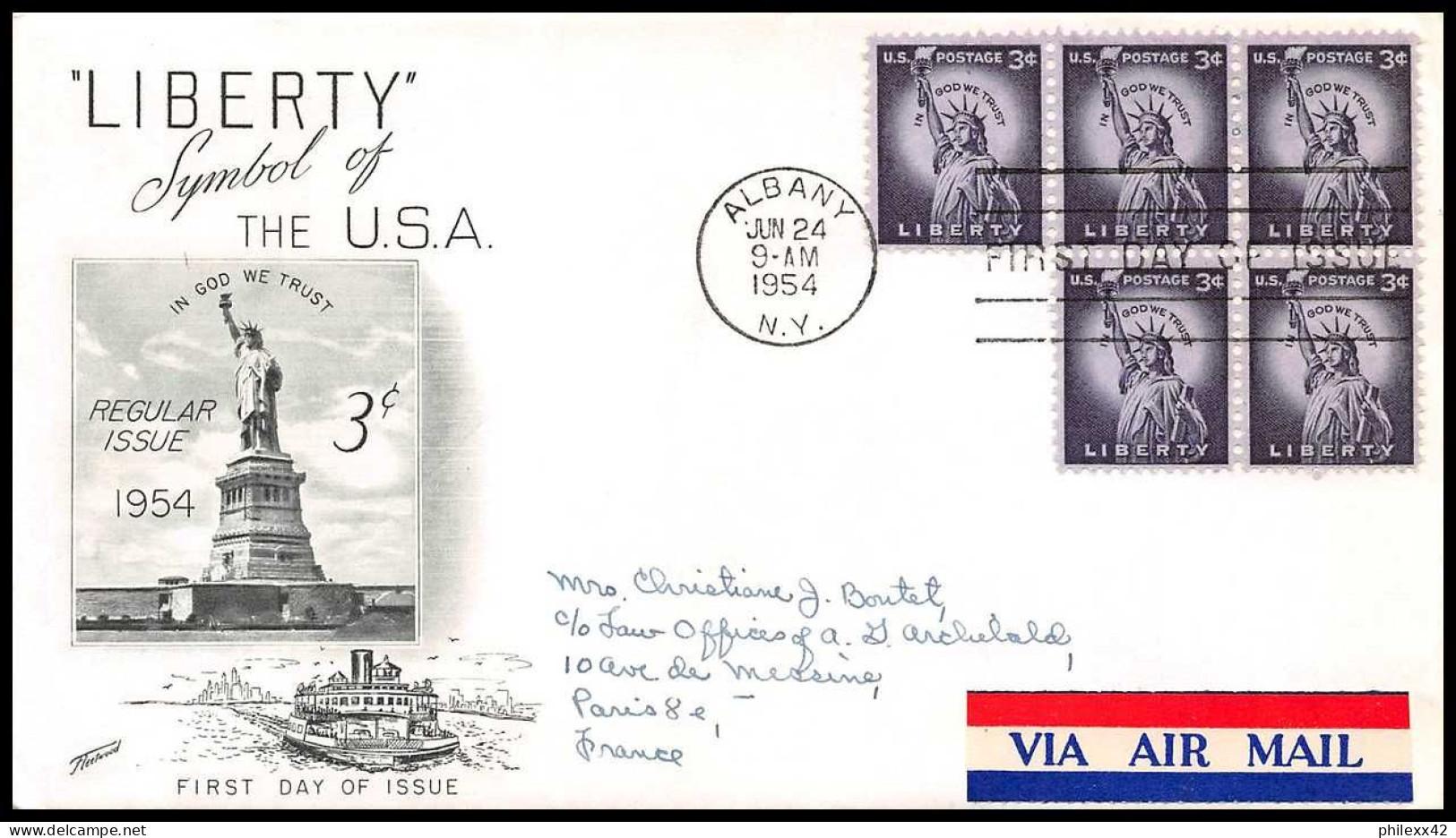 12860 Fdc Premier Jour Liberty Symbol Of Usa 1954 Albany Usa états Unis Lettre Cover - Lettres & Documents
