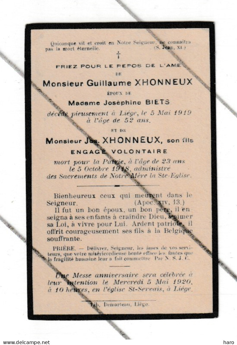 Faire-part De Décès De Jos. XHONNEUX , Engagé Volontaire , Mort Pour La Patrie En 1918 - Guerre 14/18  Liège  ( B373) - Décès