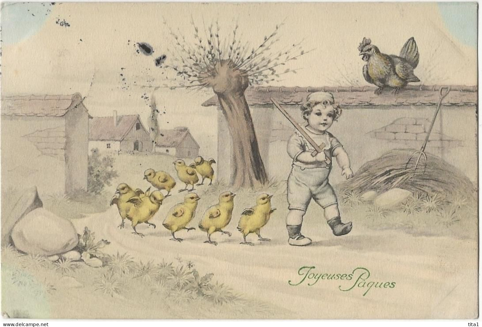 594  - Joyeuses Pâques -Enfant - Poule Et Poussins - Ostern